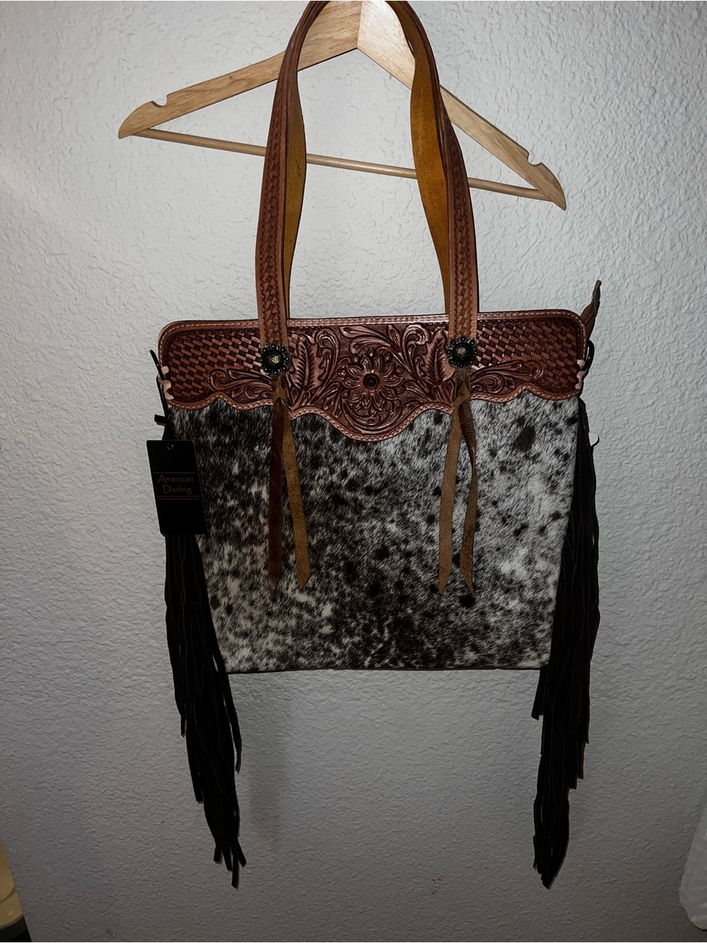 NWT American Darling Cowhide Fringe Tote with Tooled Leather Trim